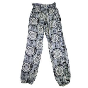 Lotus and Luna Pants Women's Small Mandala Smocked Harem Gray White Thailand